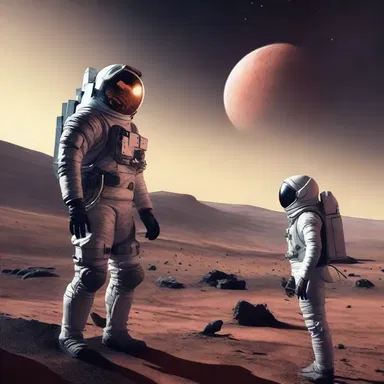 The astronaut confronts an alien species on a distant planet.