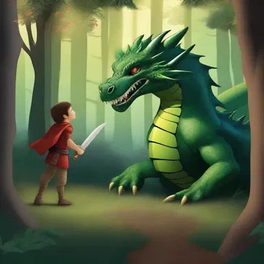 The brave warrior confronts the menacing dragon in the enchanted forest.