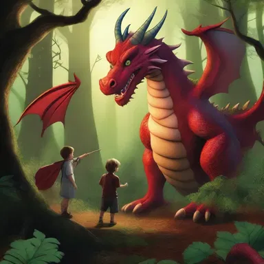 The brave warrior confronts the menacing dragon in the enchanted forest.