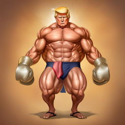 Modify the caricature of Donald Trump, making his muscular physique even more exaggerated and prominent.