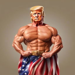 Modify the caricature of Donald Trump, making his muscular physique even more exaggerated and prominent.