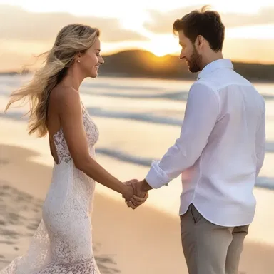 As the sun set over the picturesque vista of the beach, the couple held hands and embraced each other.