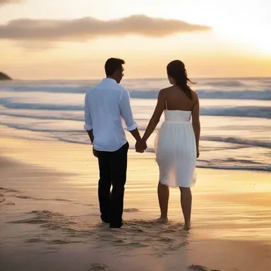 As the sun set over the picturesque vista of the beach, the couple held hands and embraced each other.