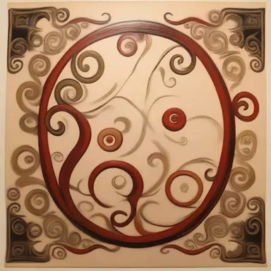 The artist incorporated a beautiful scroll design with whorls into the background of the painting.