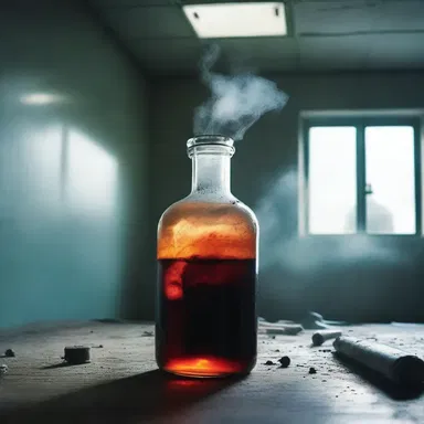 In the eerie laboratory, a bottle of bromic acid suddenly shattered, releasing a horrifying cloud of toxic fumes.