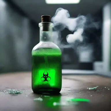 In the eerie laboratory, a bottle of bromic acid suddenly shattered, releasing a horrifying cloud of toxic fumes.