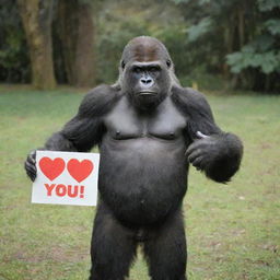 A friendly gorilla holding a signboard that lovingly states 'I Love You Aries, From Queenie.'.