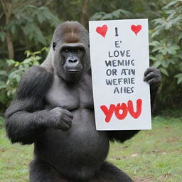 A friendly gorilla holding a signboard that lovingly states 'I Love You Aries, From Queenie.'.