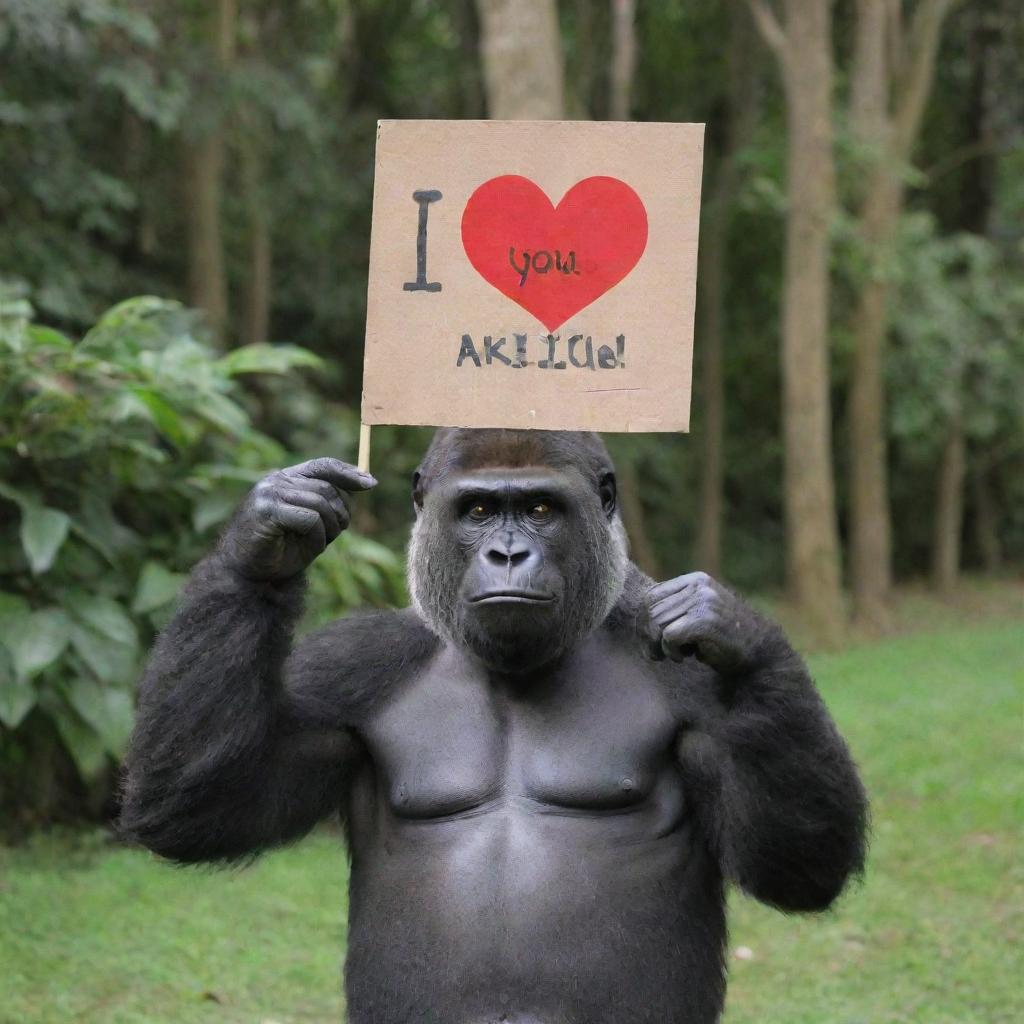 A friendly gorilla holding a signboard that lovingly states 'I Love You Aries, From Queenie.'.