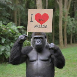 A friendly gorilla holding a signboard that lovingly states 'I Love You Aries, From Queenie.'.