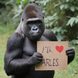 A friendly gorilla holding a signboard that lovingly states 'I Love You Aries, From Queenie.'.