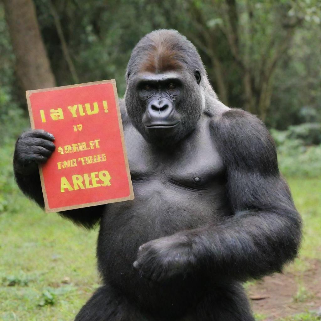 A warm-hearted gorilla holding a signboard that affectionately declares 'I Love You Aries, From Queenie.'.