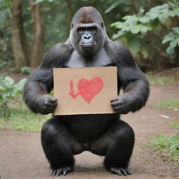 A warm-hearted gorilla holding a signboard that affectionately declares 'I Love You Aries, From Queenie.'.