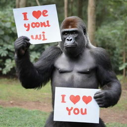 A warm-hearted gorilla holding a signboard that affectionately declares 'I Love You Aries, From Queenie.'.