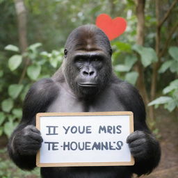 A warm-hearted gorilla holding a signboard that affectionately declares 'I Love You Aries, From Queenie.'.