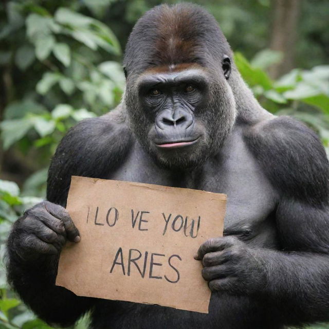 A expressive gorilla holding a signboard with the sincere message 'I Love You Aries, From Queenie.'.