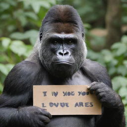 A expressive gorilla holding a signboard with the sincere message 'I Love You Aries, From Queenie.'.