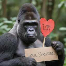 A expressive gorilla holding a signboard with the sincere message 'I Love You Aries, From Queenie.'.