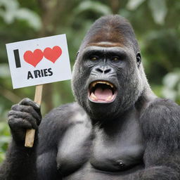 A expressive gorilla holding a signboard with the sincere message 'I Love You Aries, From Queenie.'.