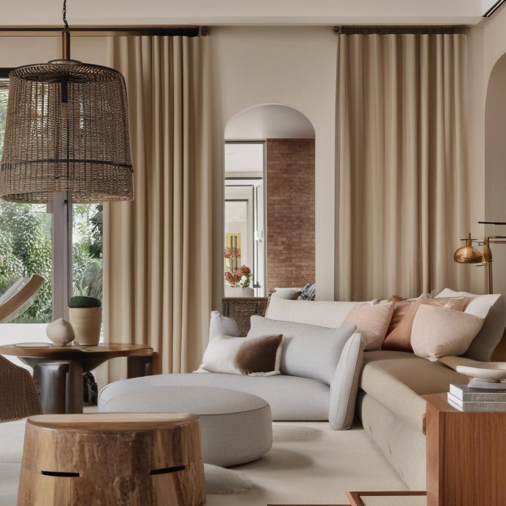 A home interior with a warm color palette. The space is filled with stylish yet inviting furnishings.