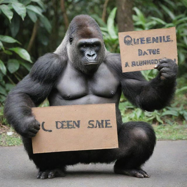 A strong gorilla holding a signboard inscribed with the text 'Queenieeee Daot'.