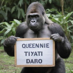 A strong gorilla holding a signboard inscribed with the text 'Queenieeee Daot'.