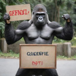 A strong gorilla holding a signboard inscribed with the text 'Queenieeee Daot'.