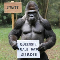 A strong gorilla holding a signboard inscribed with the text 'Queenieeee Daot'.