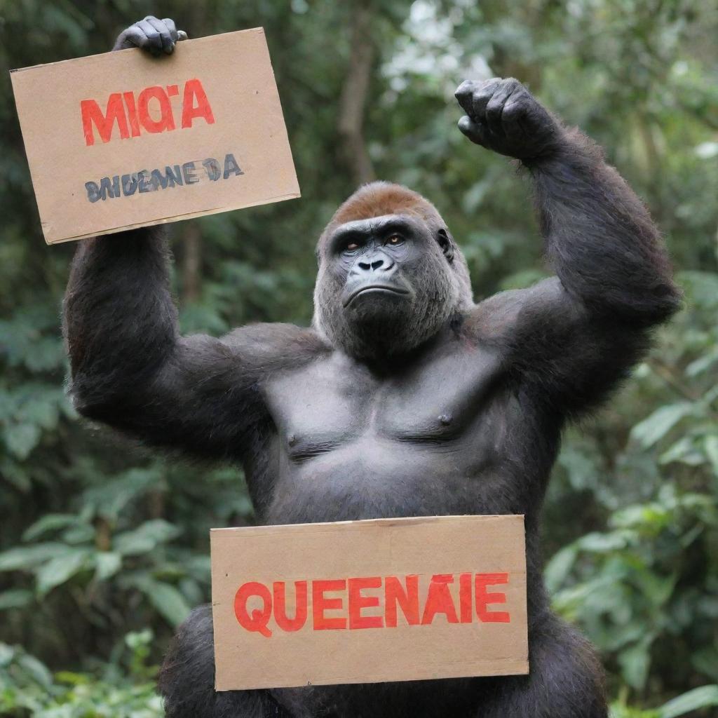 A imposing gorilla holding up a signboard with the written phrase 'Queenieeee Daot'.