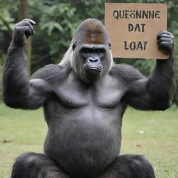 A imposing gorilla holding up a signboard with the written phrase 'Queenieeee Daot'.