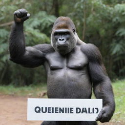 A imposing gorilla holding up a signboard with the written phrase 'Queenieeee Daot'.