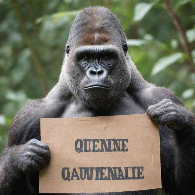 A imposing gorilla holding up a signboard with the written phrase 'Queenieeee Daot'.