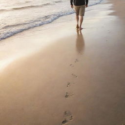 A man walking barefoot on a sandy beach at sunset, footprints trailing behind him, with calm waves gently lapping the shore.