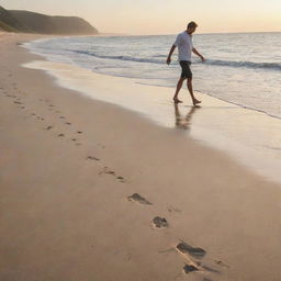 A man walking barefoot on a sandy beach at sunset, footprints trailing behind him, with calm waves gently lapping the shore.