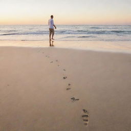 A man walking barefoot on a sandy beach at sunset, footprints trailing behind him, with calm waves gently lapping the shore.