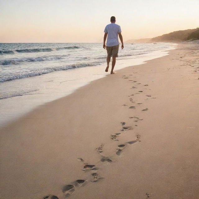 A man walking barefoot on a sandy beach at sunset, footprints trailing behind him, with calm waves gently lapping the shore.