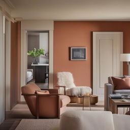 A cozy interior of a home with a warm color scheme, stylish and inviting furnishings that exude comfort and relaxation.