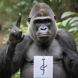 A jovial gorilla making a peace sign with its hand and wearing a name tag that reads 'Queenieeee Daot'.