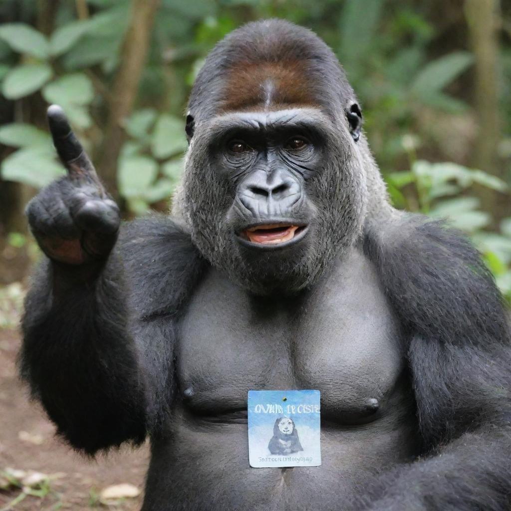 A jovial gorilla making a peace sign with its hand and wearing a name tag that reads 'Queenieeee Daot'.