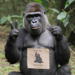 A jovial gorilla making a peace sign with its hand and wearing a name tag that reads 'Queenieeee Daot'.