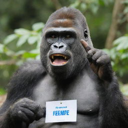 A jovial gorilla making a peace sign with its hand and wearing a name tag that reads 'Queenieeee Daot'.