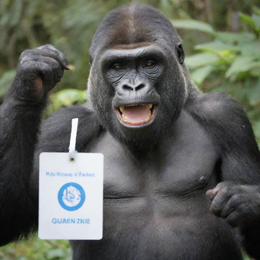 A cheerful gorilla making a peace sign with its hand and showcasing a name tag labeled as 'Queenie'.