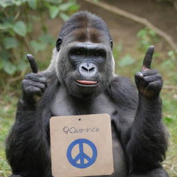 A cheerful gorilla making a peace sign with its hand and showcasing a name tag labeled as 'Queenie'.