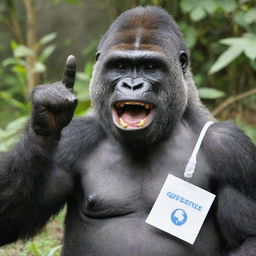 A cheerful gorilla making a peace sign with its hand and showcasing a name tag labeled as 'Queenie'.