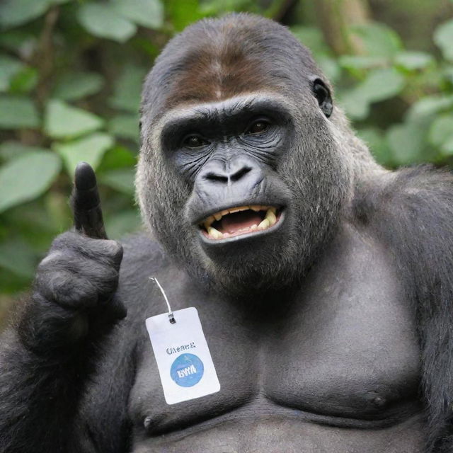 A cheerful gorilla making a peace sign with its hand and showcasing a name tag labeled as 'Queenie'.