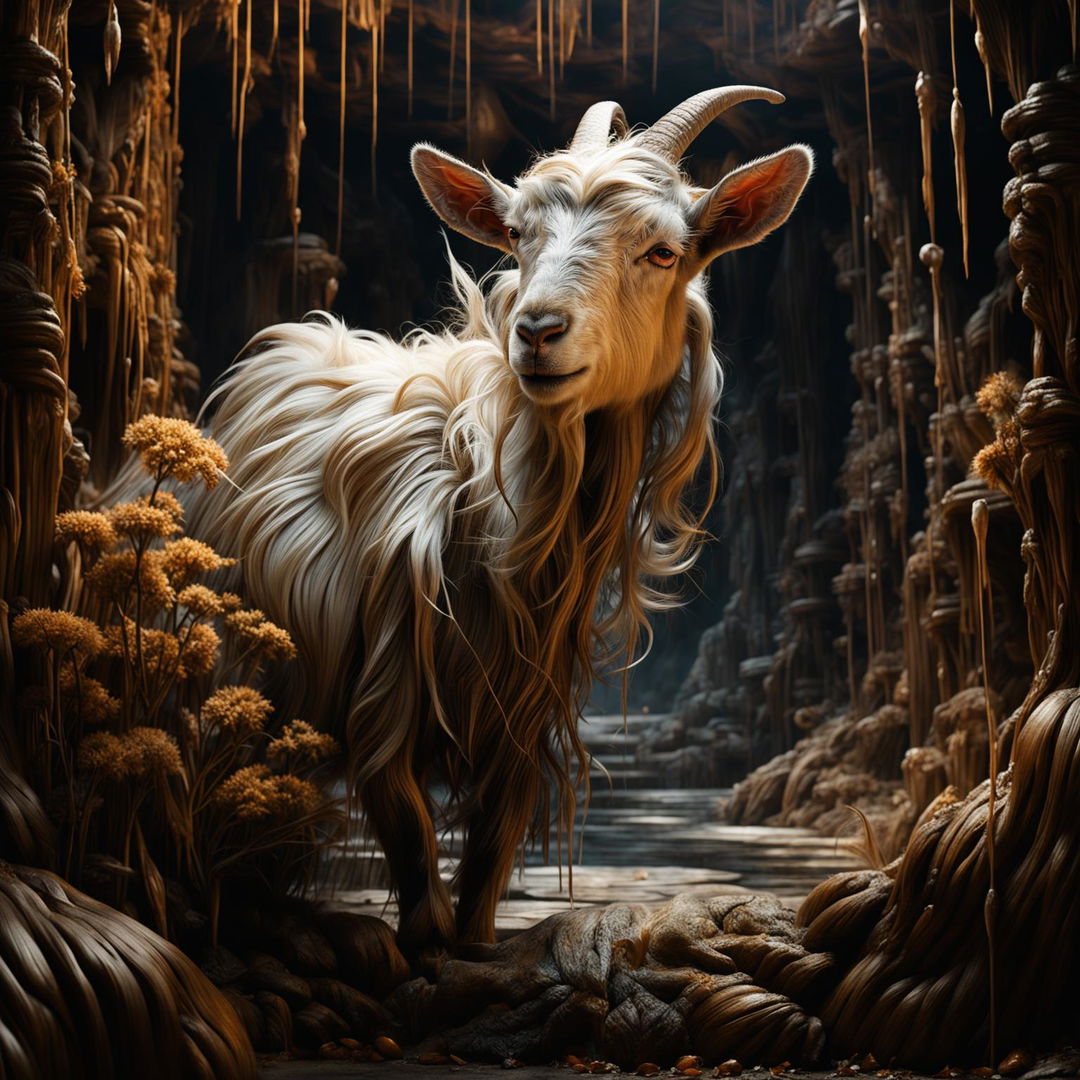 Generate an intricately detailed, photorealistic goat in a dreamlike, cinematic setting. The image should exude breathtaking beauty and life-altering power. The goat's appearance is infallible, making the scene surreal, haunting, and rich in detail.