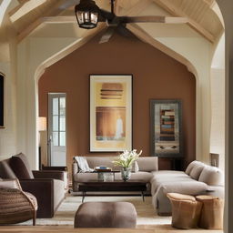 A cozy interior of a home with a warm color scheme, stylish and inviting furnishings that exude comfort and relaxation.