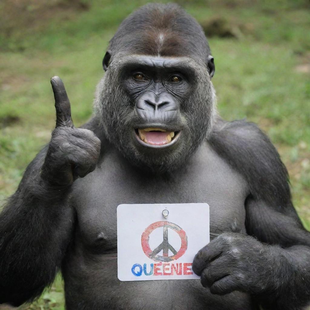 A lighthearted gorilla flashing a peace sign with its hand while wearing a name tag that says 'Queenie'.