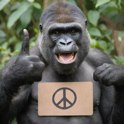 A lighthearted gorilla flashing a peace sign with its hand while wearing a name tag that says 'Queenie'.