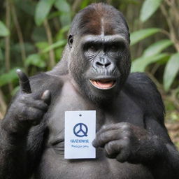 A lighthearted gorilla flashing a peace sign with its hand while wearing a name tag that says 'Queenie'.